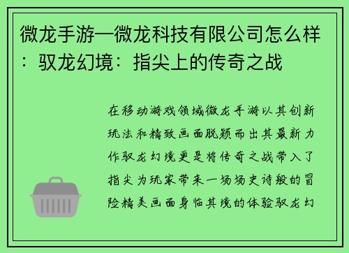 微龙手游—微龙科技有限公司怎么样：驭龙幻境：指尖上的传奇之战